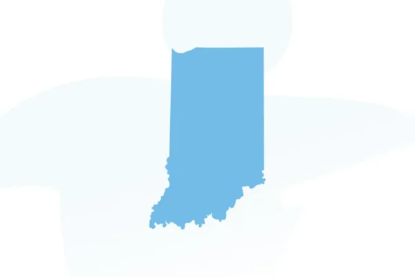 Solid blue silhouette of the state of Indiana on a white background with faint blue abstract shapes.