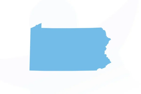 A solid blue silhouette of the state of Pennsylvania on a white background.